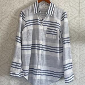 Blue, White Striped Cotton Button Down Lightweight Shirt Roll Tab Sleeves, 1X